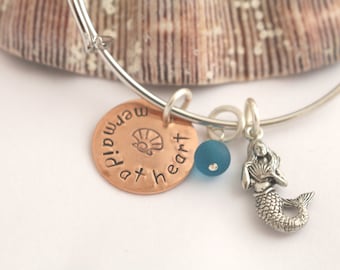 Mermaid At Heart Bangle Bracelet - Charm Sea Glass Bracelet - Shell Jewelry - Summer - Vacation - Cruise - Ocean