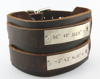 Brown Leather Bracelet For Men - Coordinates Bracelet - Custom Men's Bracelet - GPS Coordinates - Personalized Leather Bracelet - Dad Gift