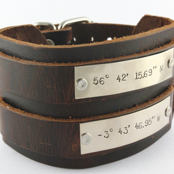 Brown Leather Bracelet For Men - Coordinates Bracelet - Custom Men's Bracelet - GPS Coordinates - Personalized Leather Bracelet - Dad Gift