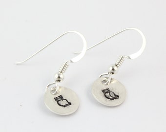 Handstamped Owl Earrings - Sterling Silver Hoot Owl Dangle Earrings