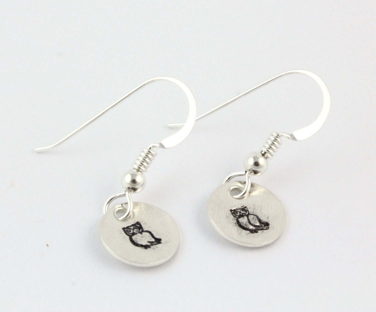 Handstamped Owl Earrings - Sterling Silver Hoot Owl Dangle Earrings
