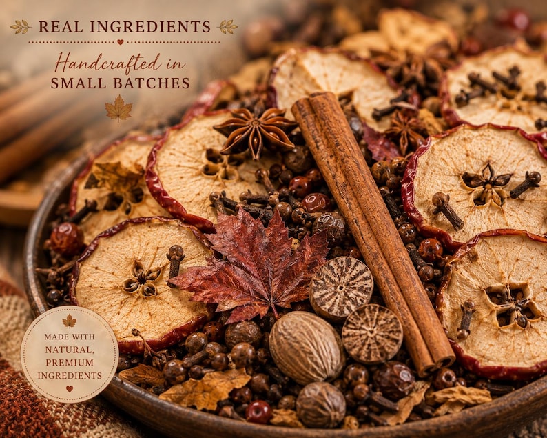May include: A bowl of potpourri featuring dried apple slices, cinnamon sticks, star anise, whole cloves, nutmeg, and a maple leaf. Text on the image reads: REAL INGREDIENTS, Handcrafted in SMALL BATCHES, MADE WITH NATURAL, PREMIUM INGREDIENTS.