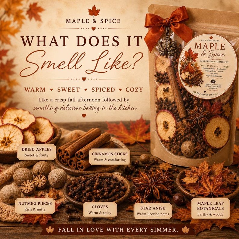 May include: A clear pouch of Maple & Spice simmer pot ingredients featuring dried apple slices, cinnamon sticks, star anise, cloves, nutmeg, and maple leaf botanicals. The package is tied with a brown ribbon and a metal maple leaf charm.