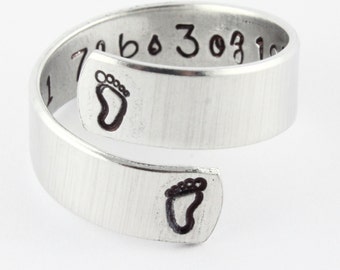 New Mom Ring - Wrap Ring - Silver Ring - Twist Ring - Baby Feet Ring - Baby Stats Ring - Custom Ring - Size 5 6 7 8 9 10 11 12 13 14 15