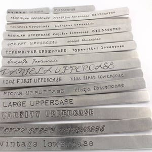 Puede incluir: Primer plano de un conjunto de planchas de sellos met&aacute;licas con diferentes estilos y tama&ntilde;os de fuente. Las planchas est&aacute;n grabadas con las palabras "FLORIDIAN UPPERCASE", "floridian lowercase", "REGULAR UPPERCASE", "regular lowercase", "SCRIPT UPPERCASE", "script lowercase", "TYPEWRITER UPPERCASE", "typewriter lowercase", "DANIELA UPPERCASE", "kids first lowercase", "FIONA UPPERCASE", "fiona lowercase", "LARGE UPPERCASE", "VARSITY UPPERCASE", "vintage lowercase".