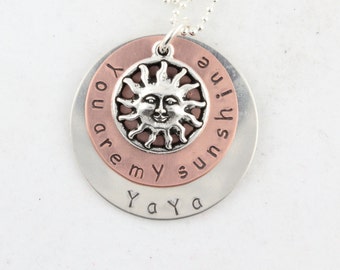 Mother's Day Gift - You Are My Sunshine Necklace - Custom Personalized Hand Stamped Sterling Silver Copper Gift for Mom