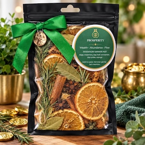 Kit de olla aromática para la prosperidad con cristal y tarjeta de afirmación - Ritual de limpieza para la abundancia y la riqueza - Popurrí para estufa - Regalo para la manifestación
