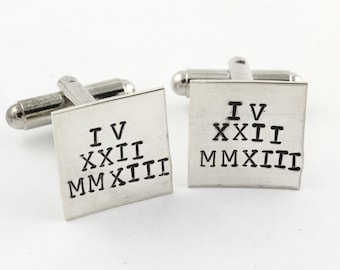 Roman Numerals Personalized Sterling Silver Square Cufflinks - Custom Men's Cuff Links - Shirt Fasteners - Father's Day Gift - Anniversary