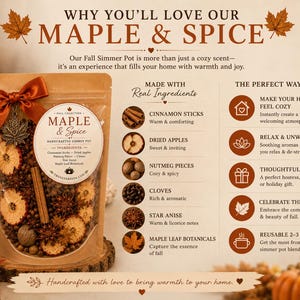 May include: A clear pouch of Maple & Spice simmer pot ingredients featuring cinnamon sticks, dried apple slices, nutmeg, cloves, star anise, and maple leaf botanicals. The pouch has a brown paper finish, a rust-coloured ribbon, and a metal leaf charm.