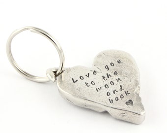 Mother's Day Gift For Mom - Personalized Love You to the Moon Heart Keychain - Double Sided Hand Stamped Key Chain - Key Ring - Keyring