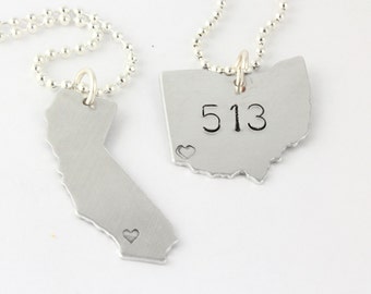 Any TWO States - United States Keychain or Necklace Set - Personalized Hand Stamped State Outlines - Key Chain - Key Ring - Key Fob