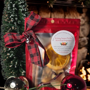 May include: A red cellophane bag labelled "Holiday Simmer Pot Kit Stovetop Potpourri" containing dried fruit and spices, tied with a red and black buffalo check bow. A small Christmas tree and baubles are in the background. The bag's contents are for simmering.