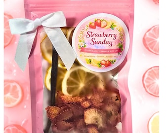 May include: A pink pouch containing dried fruit slices, a vanilla bean, and a white bow. A circular label reads "Strawberry Sunday Handcrafted Simmer Pot Kit" with strawberry, lemon, vanilla, and mint ingredients.