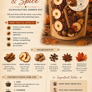 May include: A clear stand-up pouch of Maple & Spice handcrafted simmer pot ingredients, featuring dried apple slices, cinnamon sticks, star anise, cloves, nutmeg, and maple leaf botanicals, topped with a brown ribbon and a decorative maple leaf charm.