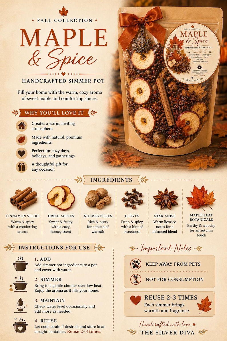 May include: A clear stand-up pouch of Maple & Spice handcrafted simmer pot ingredients, featuring dried apple slices, cinnamon sticks, star anise, cloves, nutmeg, and maple leaf botanicals, topped with a brown ribbon and a decorative maple leaf charm.