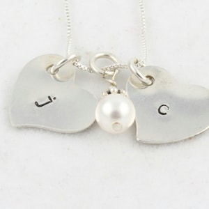 Mother&#39;s Day Gift - Two Hearts Pearl Necklace - Custom Personalized Sterling Silver Initials - Couple&#39;s Gift
