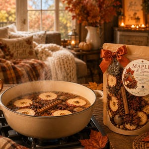 May include: A beige enamelled cast iron pot filled with simmering liquid, dried apple slices, and cinnamon sticks, next to a clear pouch labelled Maple & Spice containing dried potpourri ingredients, topped with a burnt orange satin bow.