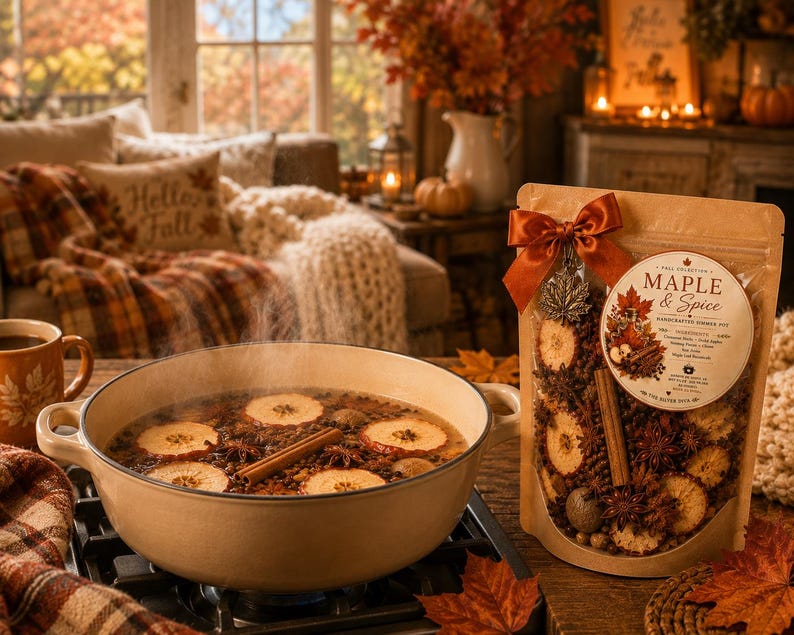 May include: A beige enamelled cast iron pot filled with simmering liquid, dried apple slices, and cinnamon sticks, next to a clear pouch labelled Maple & Spice containing dried potpourri ingredients, topped with a burnt orange satin bow.