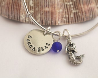 Beach Girl Mermaid Adjustable Bangle Charm Bracelet - Sea Glass Bracelet - Summer - Vacation - Cruise Jewelry - Mer Maid