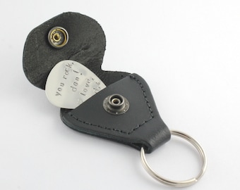 Personalized Guitar Pick With Leather Keychain Case - Sterling Silver Custom Hand Stamped Father's Day Gift - Gift for Dad