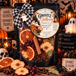 May include: A black pouch containing a simmer pot kit labelled Ghostly Gathering, featuring dried orange slices, apple slices, cinnamon sticks, star anise, cloves, and bay leaves. A black and white chequered bow with a ghost charm is attached to the top.