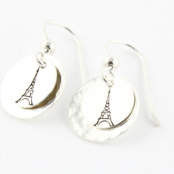 Sterling Silver Eiffel Tower Hand Stamped Earrings - Dangle Earrings for France Lover - Summer in Paris