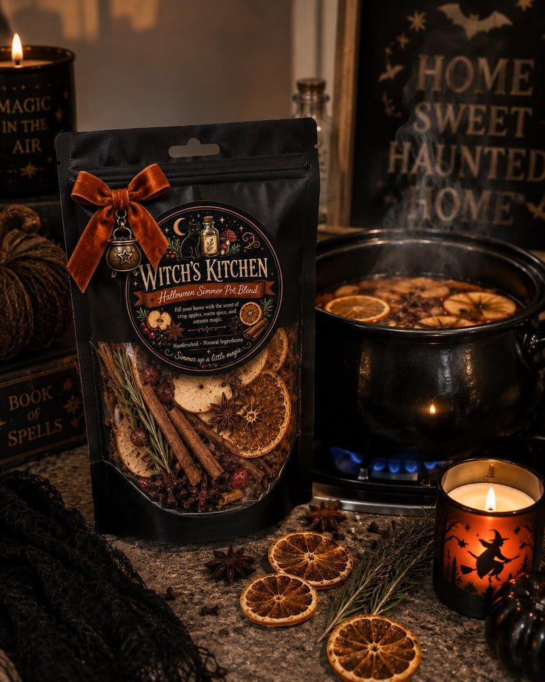 Pu&ograve; includere: Una busta nera etichettata Witch's Kitchen Halloween Simmer Pot Blend, con un fiocco in velluto color ruggine e un ciondolo a forma di calderone. La finestra trasparente rivela fette d'arancia essiccate, bastoncini di cannella e anice stellato.