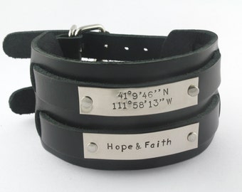 Black Leather Bracelet - Coordinates Bracelet - Custom Bracelet For Dad - Black Bracelet - Personalized Bracelet - Father's Day Gift For Dad