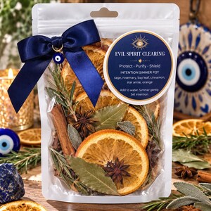 Evil Spirit Clearing Simmer Pot Kit | Home Cleansing Ritual | Stovetop Potpourri| Protection & Energy Simmering Pot|Crystal Evil Eye Charm