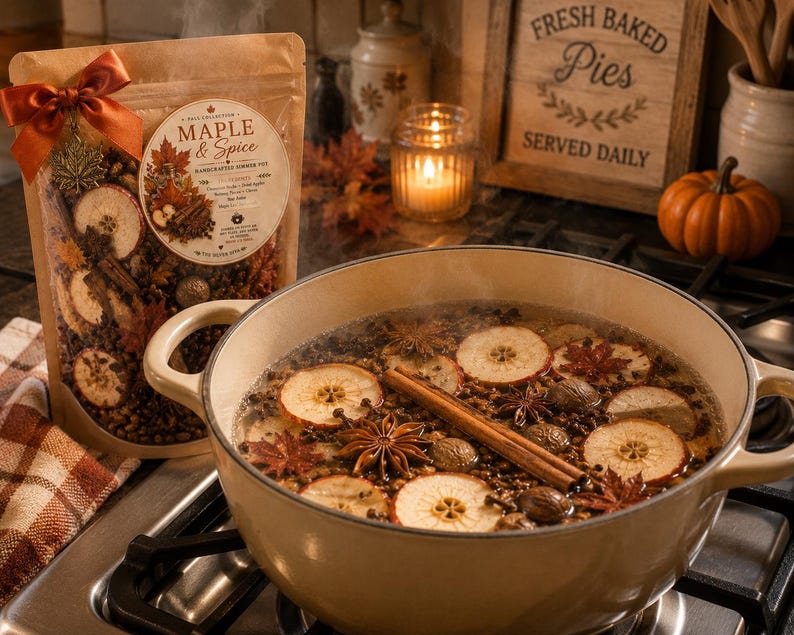 May include: A beige Dutch oven on a hob filled with simmering water, dried apple slices, cinnamon sticks, star anise, and cloves. Beside it sits a matching pouch labelled Maple & Spice with a burnt orange ribbon and a maple leaf charm.