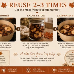 May include: An instructional graphic titled REUSE 2-3 TIMES showing three steps for a simmer pot: simmering ingredients in a pot, storing them in a glass jar, and adding water to simmer again. Includes tips on care, safety icons, and autumn-themed leaf accents.