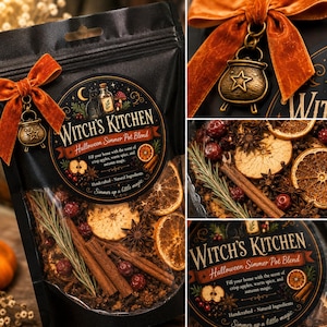 Pu&ograve; includere: Una busta nera contenente una miscela per pentola a cottura lenta di Halloween con fette di arancia essiccate, bastoncini di cannella, anice stellato e rosmarino. L'etichetta riporta Witch's Kitchen, Halloween Simmer Pot Blend. &Egrave; attaccato un fiocco di velluto arancione con un ciondolo a forma di calderone in ottone.