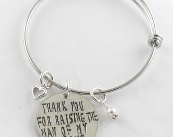 Thank You For Raising The Man Of My Dreams Adjustable Bangle Bracelet - Mother's Day Gift - Mother of the Groom - Wedding Gift