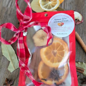 May include: A red pouch containing dried orange slices, star anise, and cinnamon sticks, tied with a red and white checkered ribbon. The pouch is labeled "Autumn Glow Simmer Pot Kit" and includes instructions for use. The background features additional dried fruit and spices.