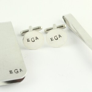 Father&#39;s Day Gift - Personalized Round Cufflinks, Tie Bar & Money Clip - Men&#39;s Accessories Gift Pack - Custom Hand Stamped Gift for Dad