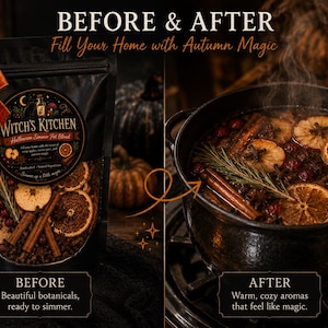 Pu&ograve; includere: Una busta nera etichettata Witch's Kitchen contenente fette di arancia essiccate, bastoncini di cannella, rosmarino e bacche, accanto a una pentola nera su un fornello riempita con gli stessi ingredienti che sobbollono con vapore.