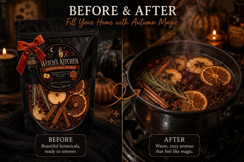 Pu&ograve; includere: Una busta nera etichettata Witch's Kitchen contenente fette di arancia essiccate, bastoncini di cannella, rosmarino e bacche, accanto a una pentola nera su un fornello riempita con gli stessi ingredienti che sobbollono con vapore.