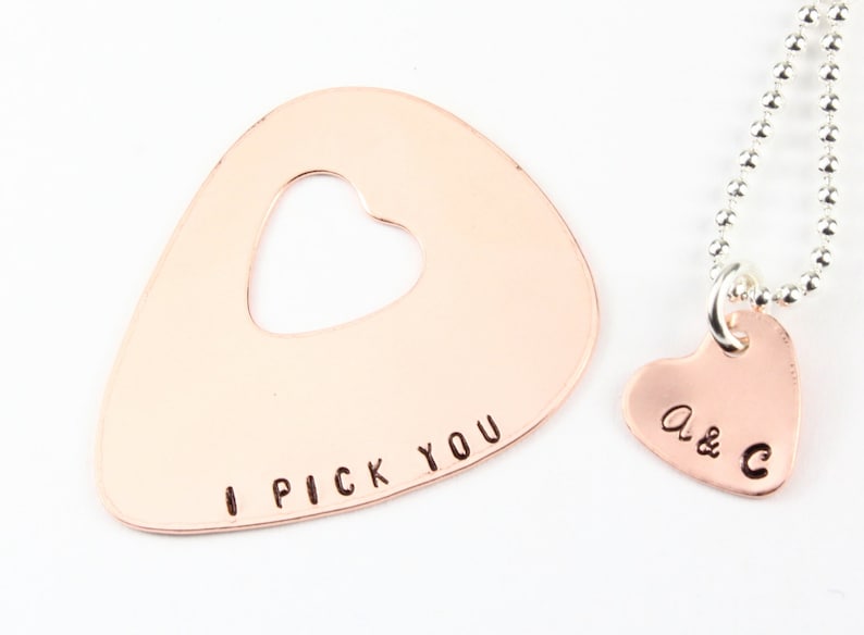 Copper Guitar Pick Heart Necklace Personalized Guitar Pick Etsy