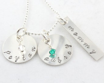 Mother's Day Gift - Personalized Birthstone Sterling Silver Necklace - Handstamped Mom Necklace - Birth Stone Necklace - Gift for Mommy
