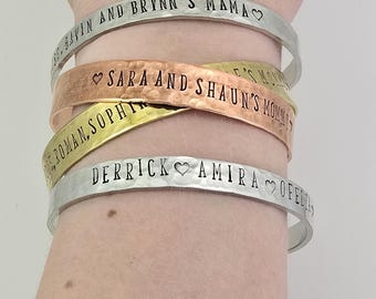 Mom Gift, Name Bracelet for Mom Grandma Mimi for Mother’s Day, Personalized Bracelet, Hand Stamped Jewelry for Her, Custom Stacking Cuff