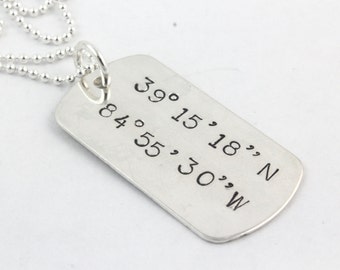 Coordinates Dog Tag Necklace - Sterling Silver Gift for Father's Day - Custom Dogtag Necklace - Longitude and Latitude Jewelry - Address
