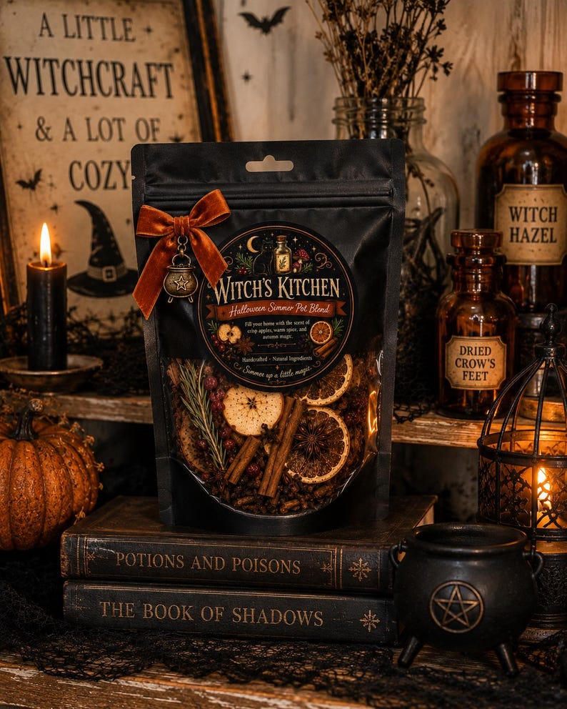Pu&ograve; includere: Una busta nera richiudibile contenente un mix per pentola a cottura lenta di Halloween con fette di arancia essiccate, bastoncini di cannella ed erbe. L'etichetta riporta Witch's Kitchen Halloween Simmer Pot Blend. &Egrave; fissato un fiocco in velluto arancione bruciato con un ciondolo a forma di calderone in metallo.