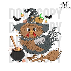 Halloween Witch Chicken Embroidery File, Witch Hat And Broomstick Digital Download, Chicken Face Design, Animal Embroidery Pattern