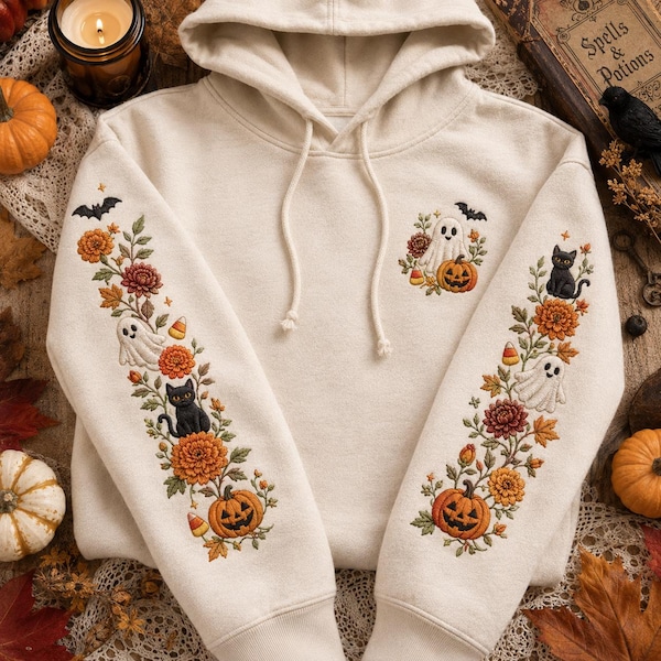 Сute Ghost Cat Embroidered Shirt, Spooky Flower Embroidery Sweatshirt, Spooky Season Hoodie, Fall Lover Gift, Fall Quotes Hoodie
