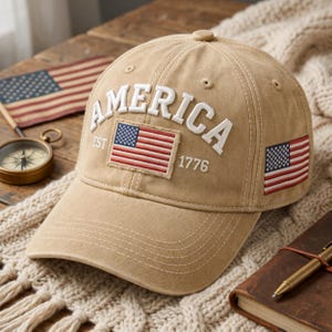 May include: A tan baseball cap featuring the word AMERICA embroidered in white letters across the front. A rectangular patch displays the American flag with the text EST 1776. A smaller American flag patch is embroidered on the side panel.