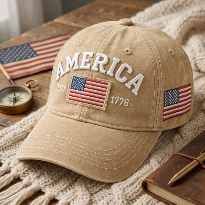 May include: A tan baseball cap featuring the word AMERICA embroidered in white letters across the front. A rectangular patch displays the American flag with the text EST 1776. A smaller American flag patch is embroidered on the side panel.