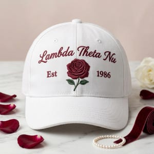 Lambda Theta Nu Embroidered Cap, Sorority Rose Hat, Custom Greek Life Apparel, Est 1986 Sorority Gear, Rose Flower Embroidery Dad Hat