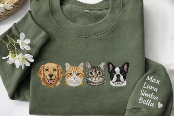 Custom Pet Portrait Embroidered Sweatshirt with Sleeve Names, Personalized Dog & Cat Gift for Pet Lovers, Custom Pet Mom Birthday Hoodie