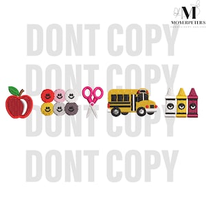 Back to School Embroidery Designs, Teacher Apple Crayon Bus Embroidery Design, Cute School Embroidery Pattern, 5 Sizes