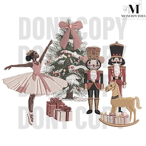 May include: An embroidered design featuring a ballerina in a pink tutu, a Christmas tree, nutcrackers, a rocking horse, and wrapped gifts. The design includes the text "DON'T COPY" in a watermark style.